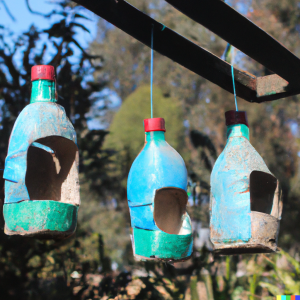 manualidad de comederos de pájaros hechos con botellas de plástico reciclado
